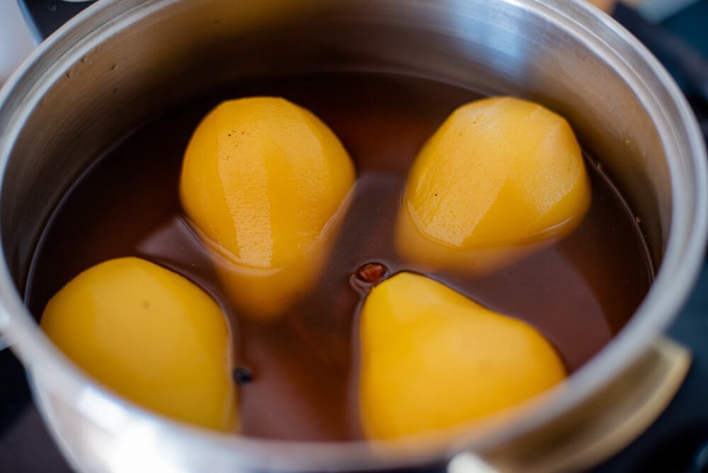 spicy whisky poached pears