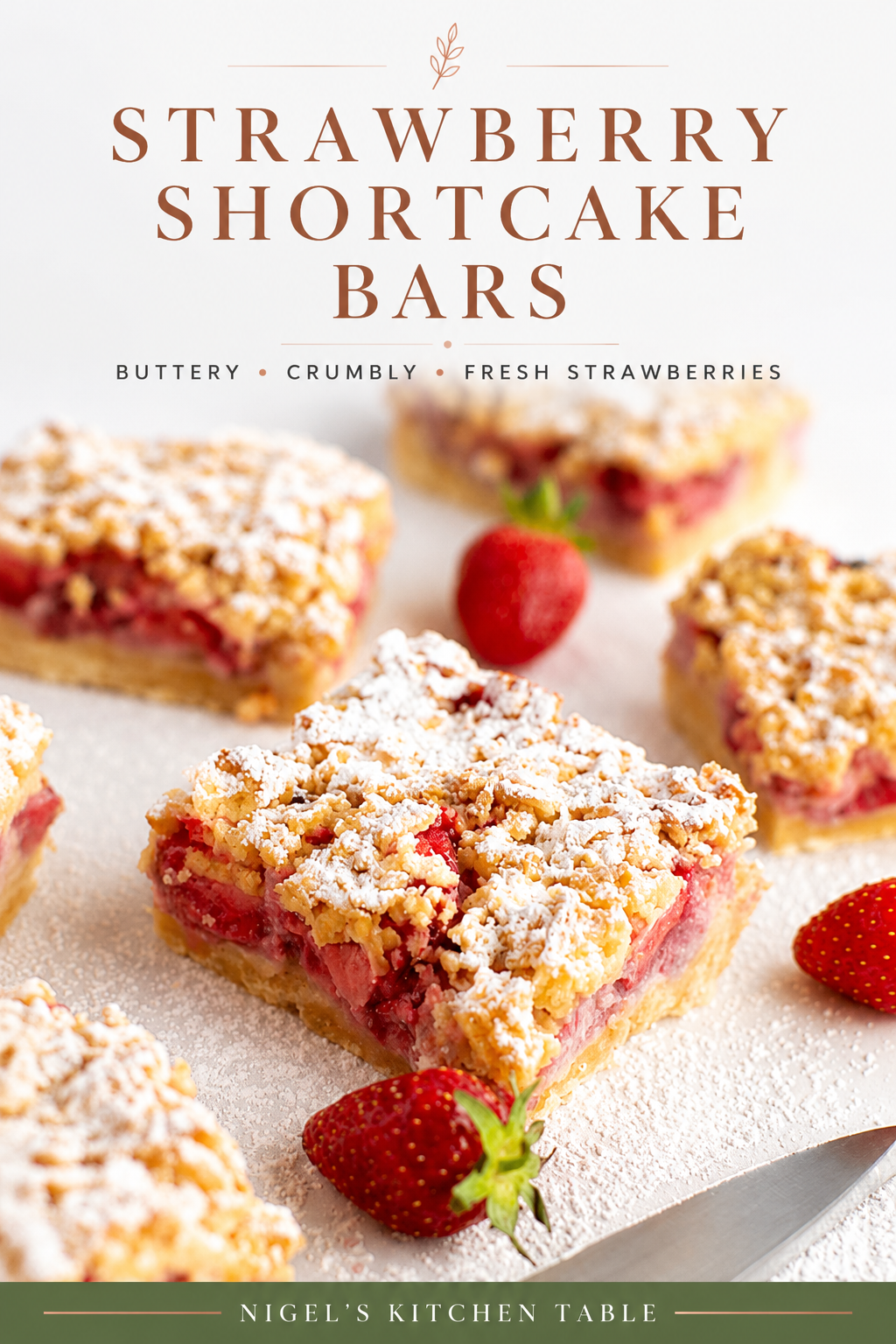 Buttery strawberry shortcake bars with fresh strawberries, soft almond filling and a golden crumbly topping, styled for Nigel’s Kitchen Table.