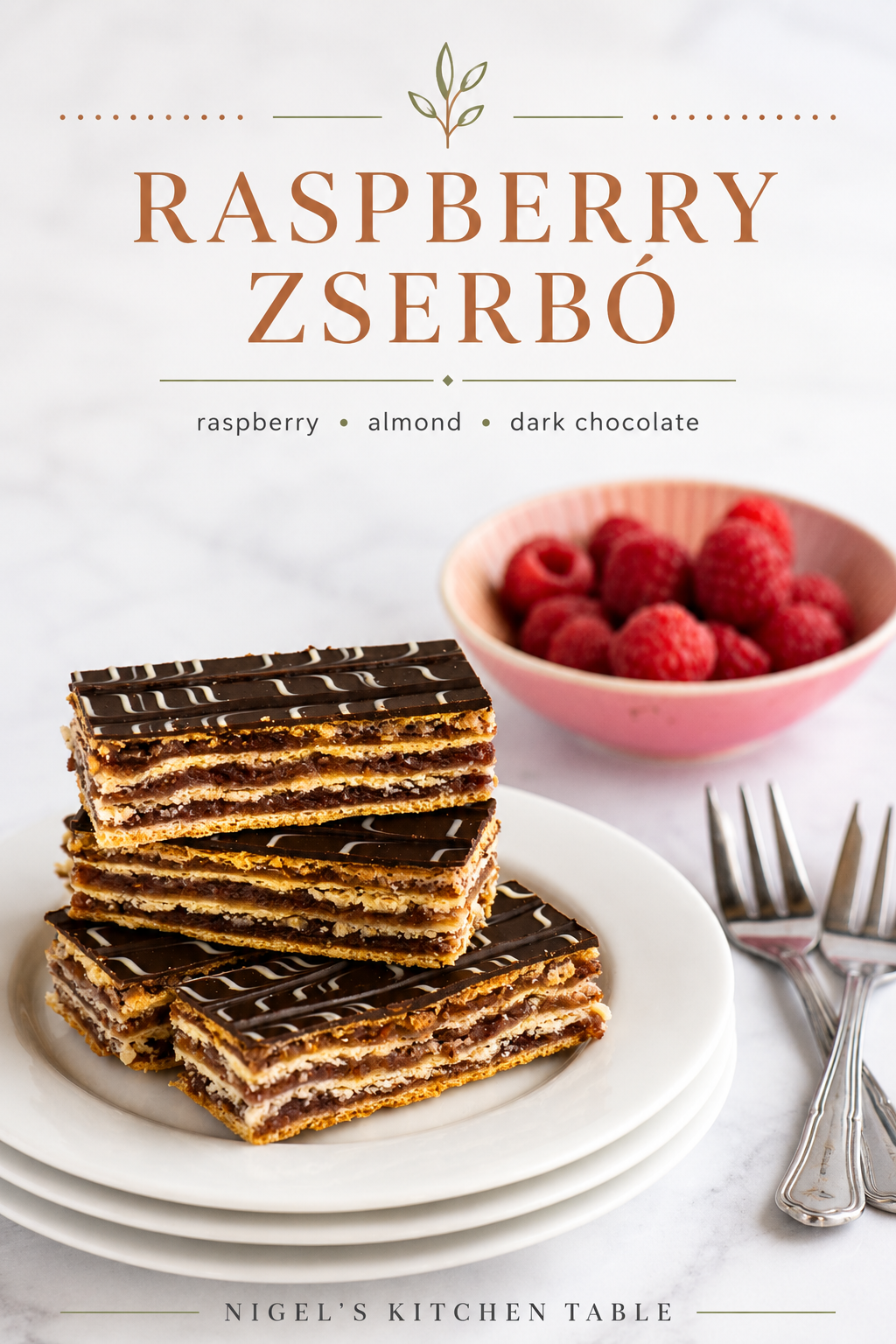 Layered Raspberry Zserbó slices with raspberry and almond filling, glossy dark chocolate topping and fresh raspberries, styled for Nigel’s Kitchen Table.