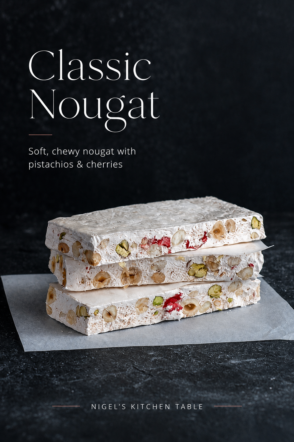 Homemade classic nougat stacked with pistachios, hazelnuts and glacé cherries.