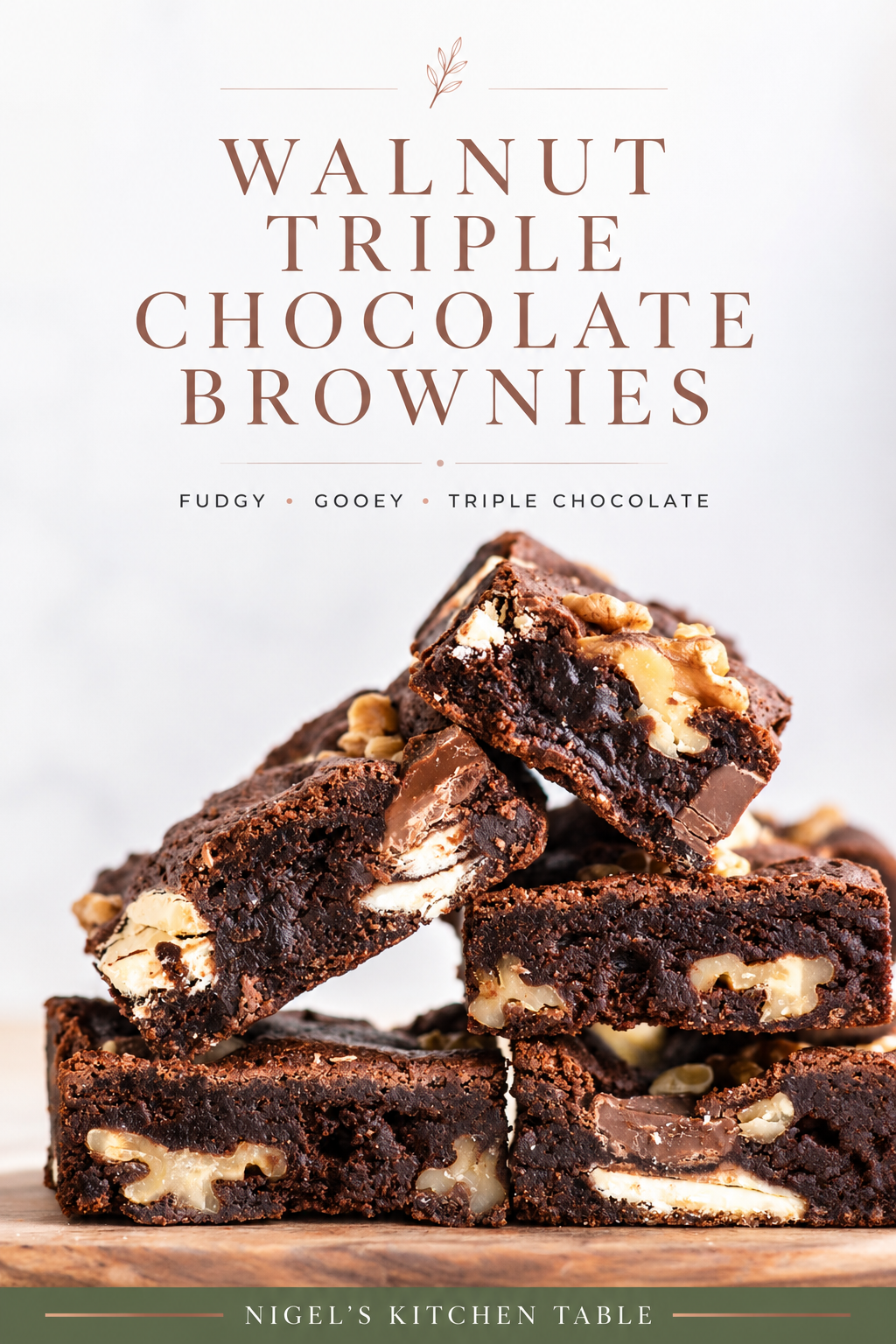 Fudgy walnut triple chocolate brownies stacked with dark, milk and white chocolate pieces and crunchy walnuts, with Nigel’s Kitchen Table branding.