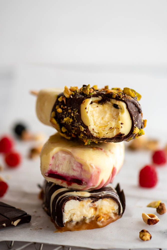 Ice cream mould filled with chocolate, passion fruit, caramel and raspberry flavour layers before adding the ice cream base.